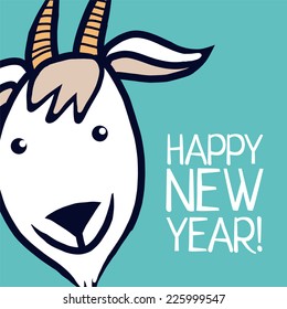 Cartoon goat on the blue background with text congrats. New year greeting card.