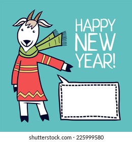 Cartoon goat on the blue background with place for text and congrats. New year greeting card