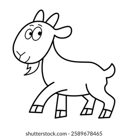 Cartoon Goat Outline Vector Illustration. A black and white vector illustration of a cartoon goat in a playful and cheerful style. This simple yet charming artwork is perfect for coloring books.