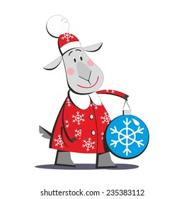 Cartoon goat in Santa Claus costume holding Christmas toy isolated on white background, vector illustration 01