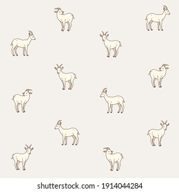 Cartoon goat - seamless trendy pattern with animal in various poses. Contour vector illustration for prints, clothing, packaging and postcards.