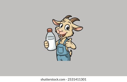 Cartoon goat wearing overalls holding a milk bottle and giving a thumbs-up.