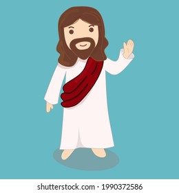 cartoon god jesus, wearing a white shirt and a red cloth wrapped around his body. greeting position