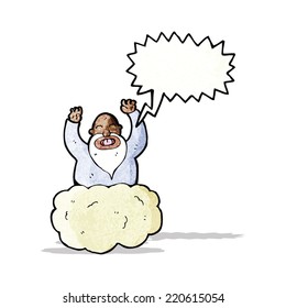 Cartoon-Gott auf Wolke mit Sprachblase