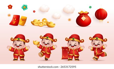 Cartoon God of Wealth Character com pose diferente e elementos chineses vetor Ilustração. Tradução: Yuan, Iene