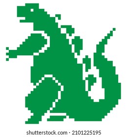 Cartoon Godzilla. Vektorgrafik. Monster mit offenem Mund und Zahn T-Shirt Design. Laden Sie es jetzt herunter. Pixelkunst.