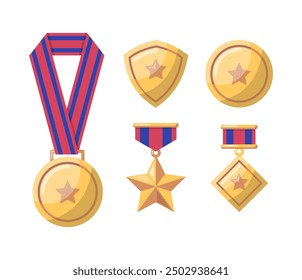 Cartoon Gold Awards Medals with Ribbon, Rhomb and Star Set. Vector illustration