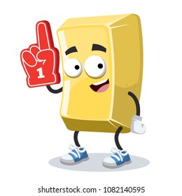 cartoon gold bar character mascot with the number 1 one sports fan hand glove on a white background