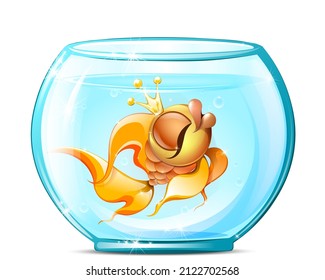 Cartoon gold beautiful fish girl in aquarium with crown.