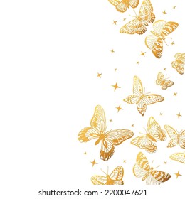 Cartoon gold butterflies pattern, gorgeous butterfly background. Flying golden butterfly flock, gorgeous exotic moths flat vector background illustration. Butterflies backdrop