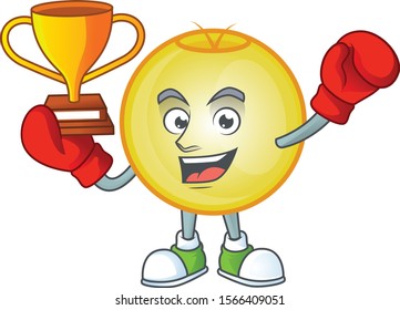 Cartoon gold christmas ball with boxing winner character