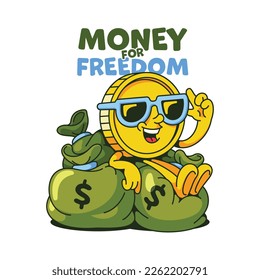 Cartoon gold coin mascot sitting on money bag vector design illustration