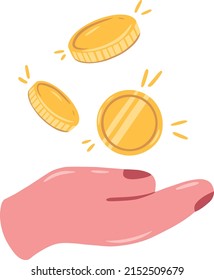 Cartoon gold coins falling on the hand. The concept of wealth, financial assistance and money savings