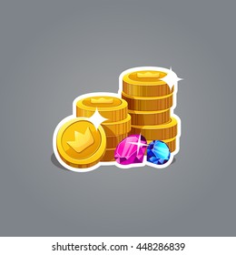 Cartoon gold coins with rhinestone. Vector illustration.