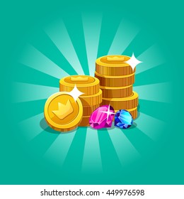 Cartoon gold coins with rhinestone. Vector illustration.
