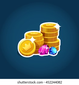 Cartoon gold coins with rhinestone. Vector illustration.