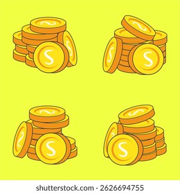 Conjunto de Pilha de Moedas de Ouro de Desenho Animado, Conjunto colorido de quatro ilustrações estilo cartoon com pilhas 