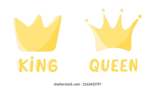 Cartoon gold crown icon set isolated on white background. Royal person king and queen lettering card concept. Doodle vector illustration for kids. Nursery poster design. T-shirt prints.