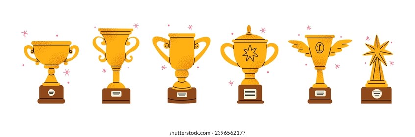 Cartoon gold cups prizes, winner award in retro 90s style. Vintage trophies, first place award. Competition ceremony, awarding the winner of the competition