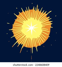 Explosión de oro de caricatura en un fondo azul. Concepto de fuegos artificiales. Ilustración vectorial de stock para el diseño y decoración de tarjetas, invitaciones, ofertas estacionales.