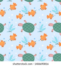 Cartoon gold fish and turtle seamless pattern.
