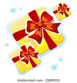 Cartoon gold gift boxes on a white background. Christmas illustration.
