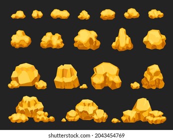 Mina de oro de dibujos animados pepitas, rocas, piedras y pilas. Techo de roca dorada resplandeciente y natural. Iconos de pepita de joyas para juego de vector miner. Pilas de joyas pesadas o tesoros aislados en negro