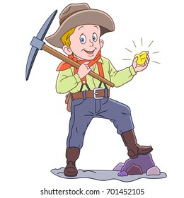 Cartoon gold miner, isolated on white background. Colorful book page design for kids and children.