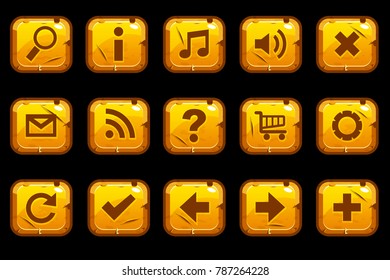 Cartoon gold old square buttons with different elements for web or game design