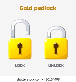Cartoon gold padlock. Lock and unlock. Vector icons
