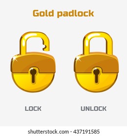 Cartoon gold padlock. Lock and unlock. Vector icons