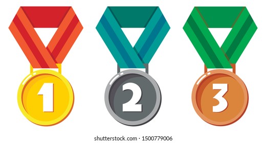 Cartoon gold, silver and bronze medals, isolated vector. Cartoon medals for game design. Sport medals, the first places (first, second, third). Winner's reward ceremony. Elements for gui.