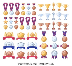 Cartoon Gold, Silver and Bronze Trophy or Awards for Winners Set Competition Concept Flat Design Style. Vector illustration of Medals with Ribbon and Cup