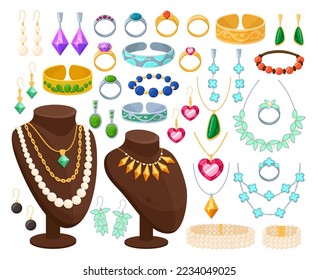 Cartoon gold   silver jewelry  Precious diamond necklace  golden earrings  pearl pendant  gemstone ring  brooch   bracelet flat vector illustration set  Glamorous jewelry accessories