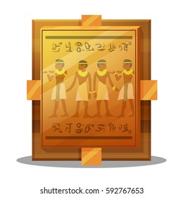 Cartoon golden achievement, Egyptian gold plate with mural isolated on white background. Vector illustration.