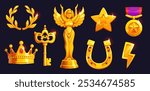 cartoon golden award game asset. Vector symbols of achievement, success and recognition. Laurel wreath, crown, scepter, winged statuette or victory figure, shining star, medal or award and horseshoe