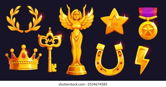 recurso de jogo de prêmio de ouro de desenho animado. Símbolos vetoriais de realização, sucesso e reconhecimento. Coroa de louro, coroa, cetro, estatueta alada ou figura de vitória, estrela brilhante, medalha ou prêmio e ferradura