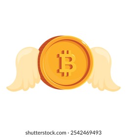 Bitcoin dourado do desenho animado está subindo para novas alturas com asas de anjo, representando o crescimento e o potencial da criptomoeda