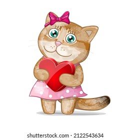 Cartoon golden British cat girl in pink dress with heart. Vector Illustration