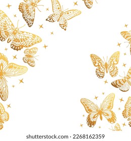 Cartoon golden butterflies cover. Gorgeous shiny butterfly background, golden butterfly flock, gorgeous exotic moths flat vector backdrop illustration