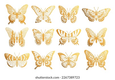 Cartoon golden butterflies. Gold flying insects, tropical shiny butterflies silhouettes flat vector illustration set