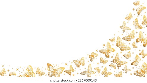 Cartoon golden butterflies poster. Gorgeous flying butterfly pattern, shiny exotic moths flat vector background illustration