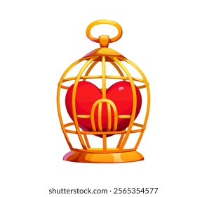 Cartoon golden cage encloses a vibrant red heart, symbolizing love, captivity or emotional restraint. Vector Valentine day holiday symbol of relationships, freedom, or heartfelt emotions