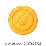 Cartoon golden coin. Isolated vector ancient pirate doubloon. Shiny yellow ducat with intricate engravings. Fantasy treasure, fairy tale item, game asset, small, round piece of metal, made from gold