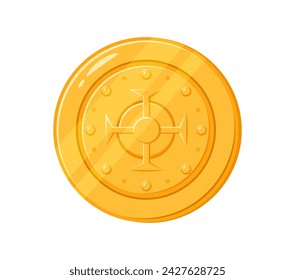 Cartoon golden coin. Isolated vector ancient pirate doubloon. Shiny yellow ducat with intricate engravings. Fantasy treasure, fairy tale item, game asset, small, round piece of metal, made from gold