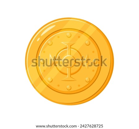 Cartoon golden coin. Isolated vector ancient pirate doubloon. Shiny yellow ducat with intricate engravings. Fantasy treasure, fairy tale item, game asset, small, round piece of metal, made from gold [[stock_photo]] © 