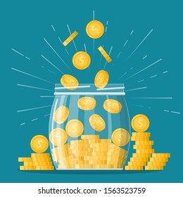 Cartoon Golden Coin or Money in Jar Flat Design Style on a Blue Background. Vector illustration