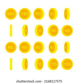 Cartoon golden coin rotating with Yes and No words. Vector sprite sheet isolated on white background. Making decision, lucky gambling coin, random choice, chance, destiny concept. For animation 