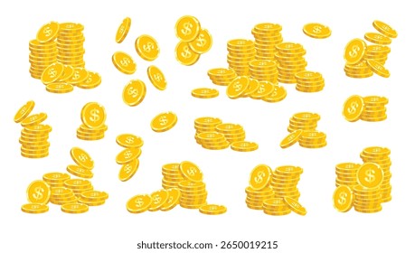Pilhas de moedas douradas. Pilhas de moedas. Pilha de dinheiro de diferentes tamanhos. Riqueza, depósito, recompensa, tesouro, pilha de moedas. Pilha de ouro de jogo para jogo, conceito bancário. Conjunto de vetores.