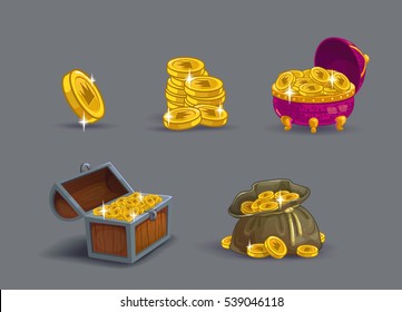 Cartoon golden coins icons set. Game reward upgrading. Vector GUI assets.